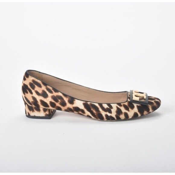 Tory Burch Leopard Print Calf Hair Logo GiGi Round Toe Low Heel Size 6 - Picture 1 of 7
